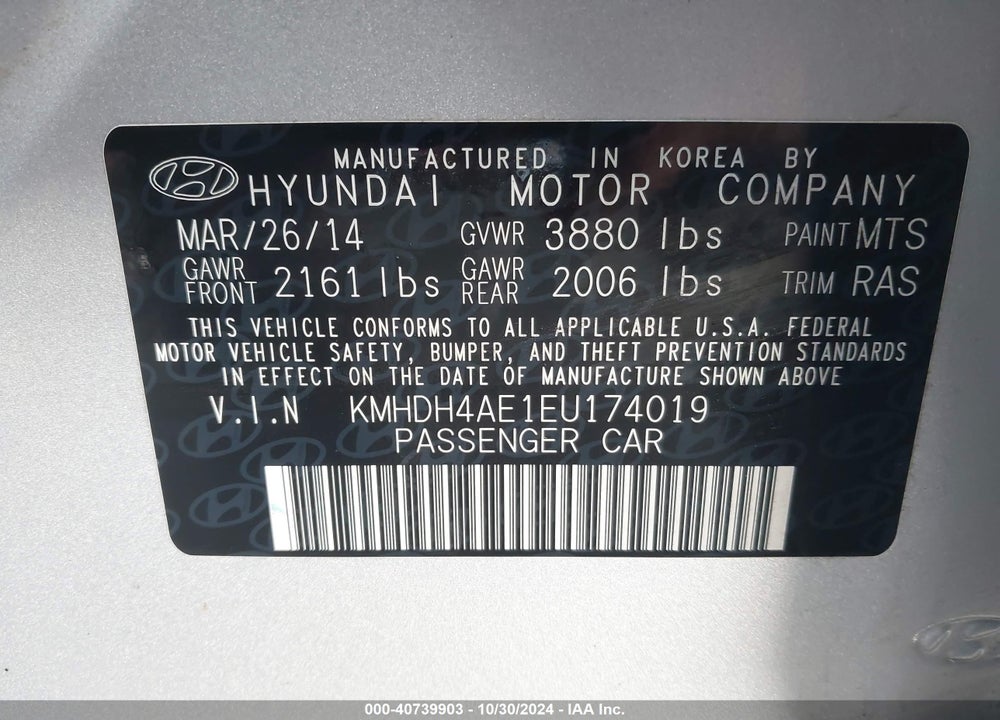 2014 HYUNDAI ELANTRA VIN: KMHDH4AE1EU174019