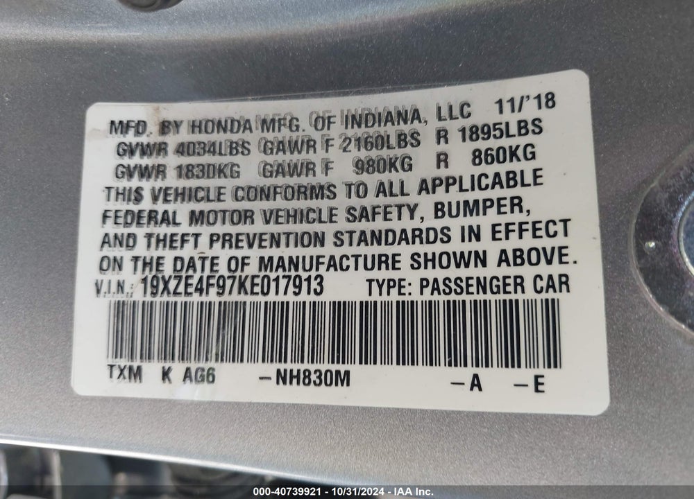 2019 HONDA INSIGHT TOURING VIN: 19XZE4F97KE017913