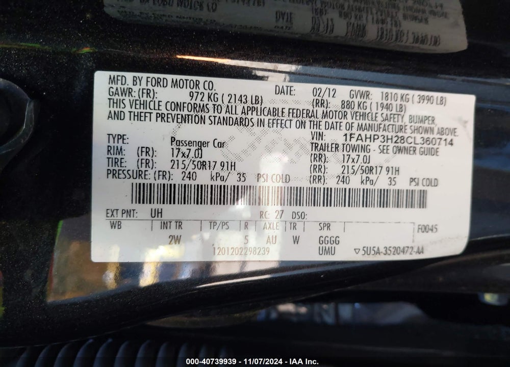 2012 FORD FOCUS SEL VIN: 1FAHP3H28CL360714