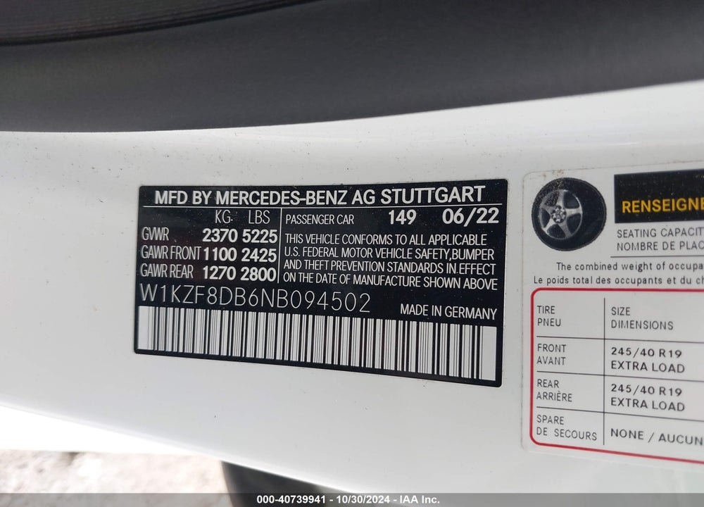 2022 MERCEDES-BENZ E 350 VIN: W1KZF8DB6NB094502