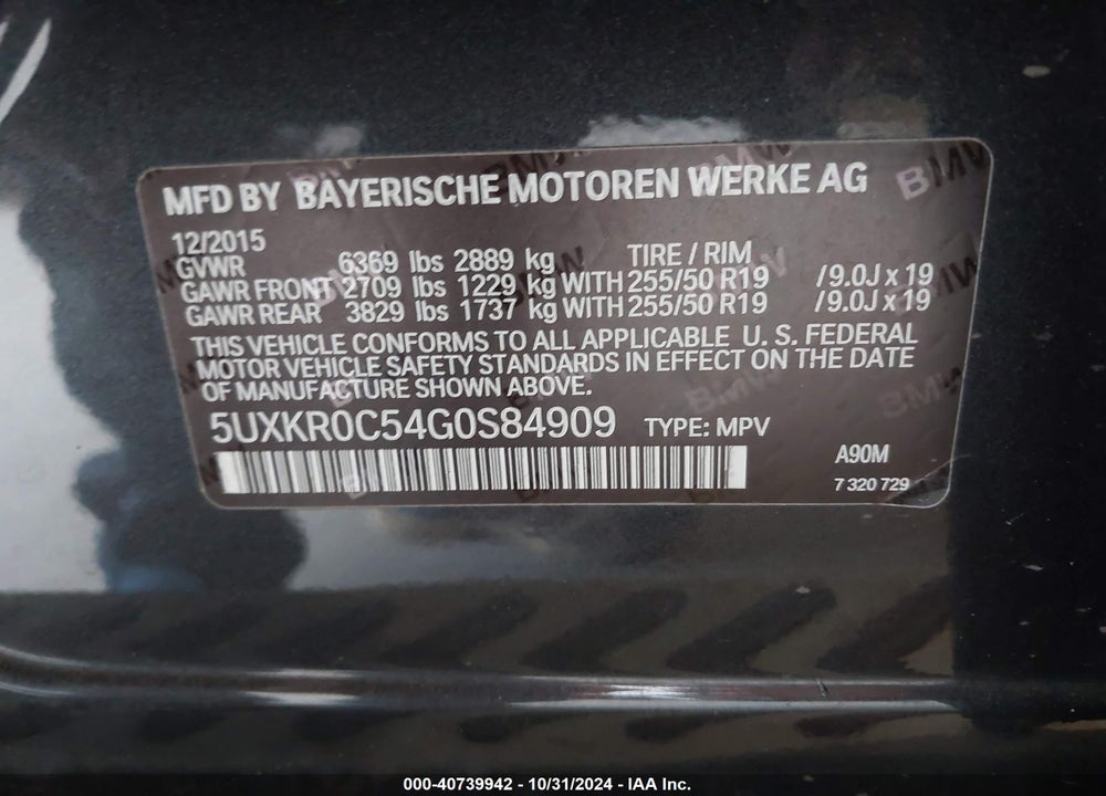 2016 BMW X5 XDRIVE35I VIN: 5UXKR0C54G0S84909