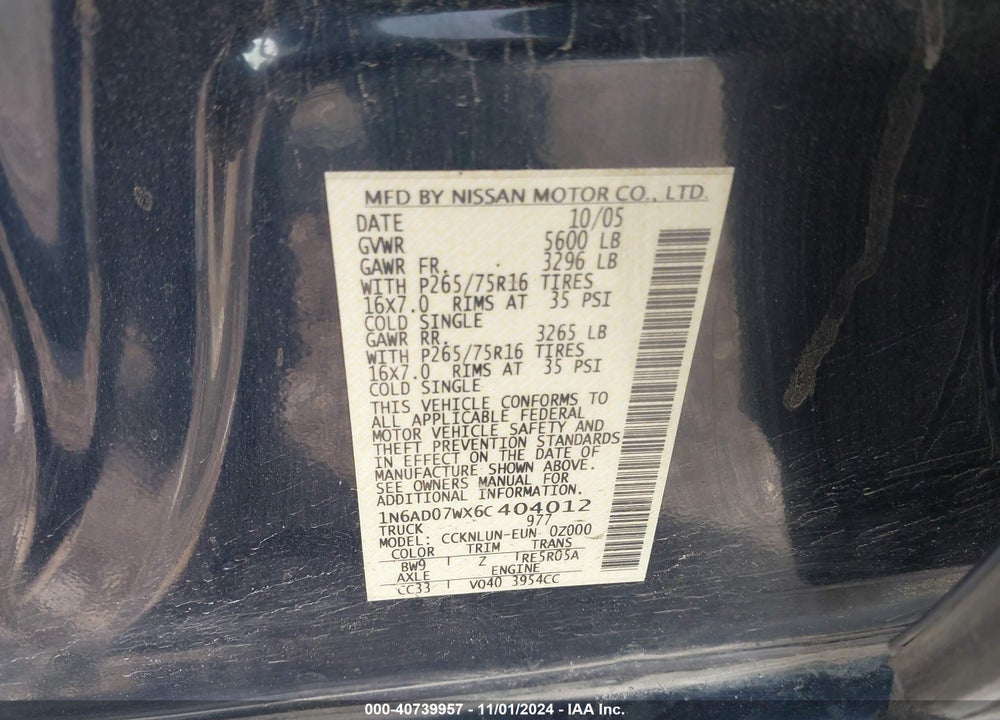 2006 NISSAN FRONTIER VIN: 1N6AD07WX6C404012