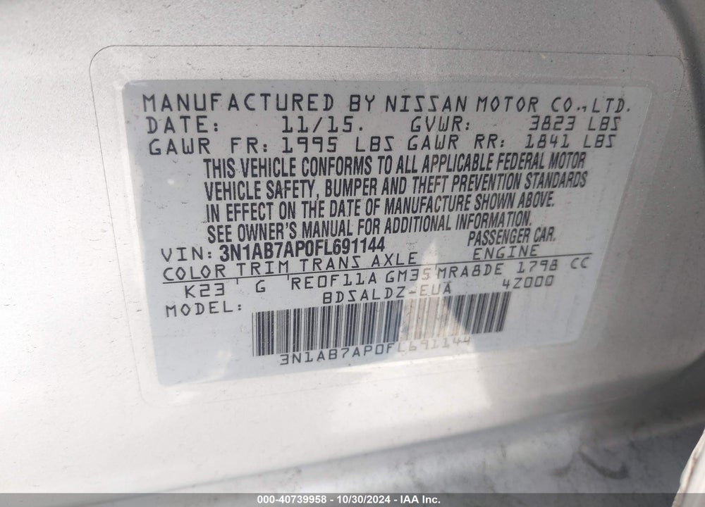 2015 NISSAN SENTRA SV VIN: 3N1AB7AP0FL691144