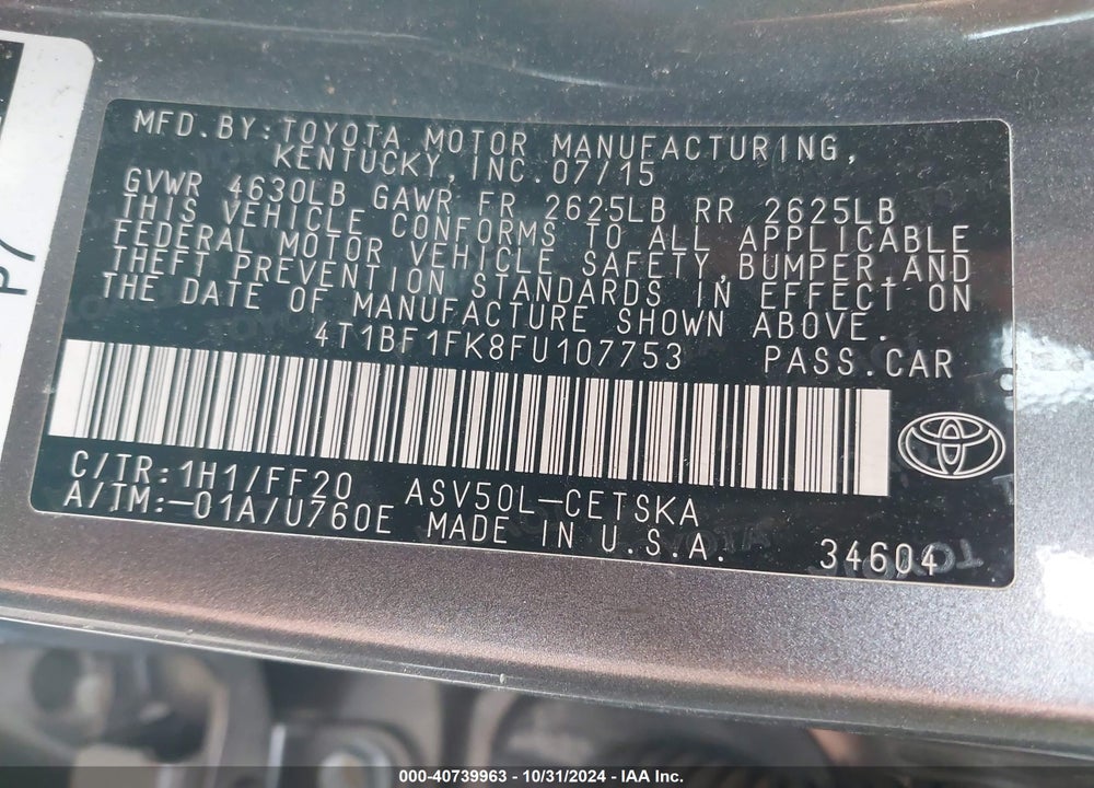 2015 TOYOTA CAMRY SE VIN: 4T1BF1FK8FU107753