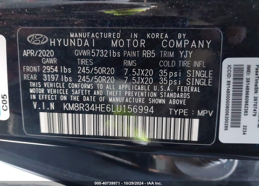 2020 HYUNDAI PALISADE SEL VIN: KM8R34HE6LU156994