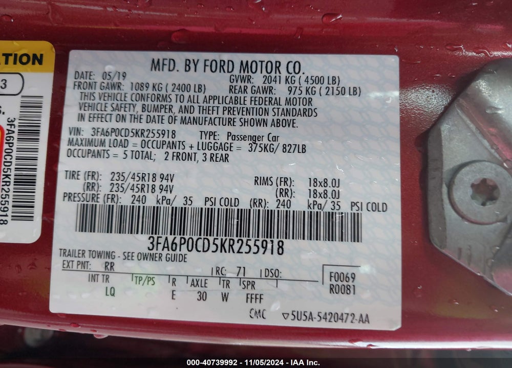 2019 FORD FUSION SEL VIN: 3FA6P0CD5KR255918