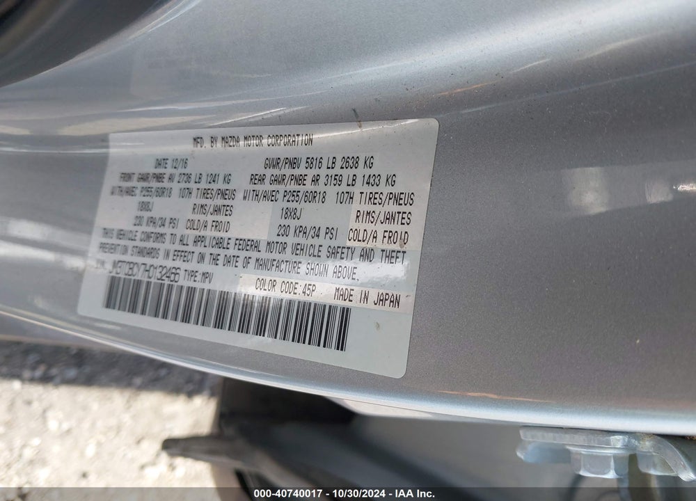 2017 MAZDA CX-9 TOURING VIN: JM3TCBCY7H0132466