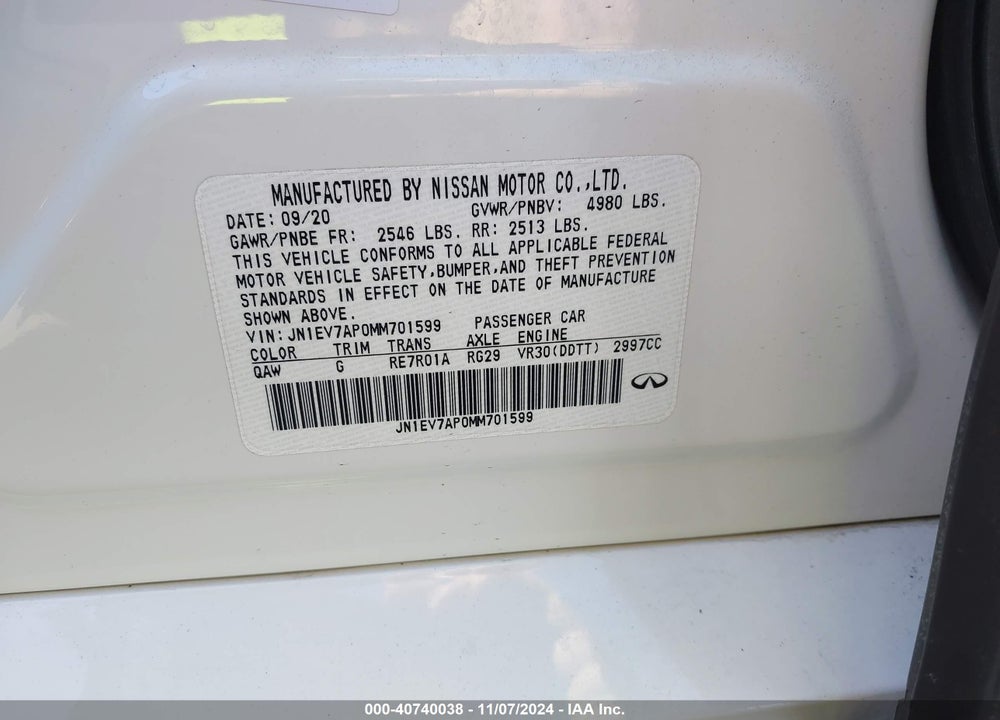 2021 INFINITI Q50 PURE VIN: JN1EV7AP0MM701599
