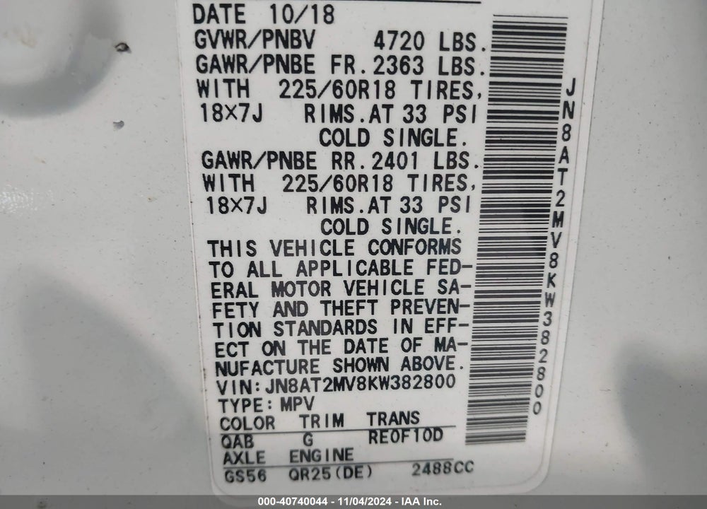 2019 NISSAN ROGUE SV VIN: JN8AT2MV8KW382800