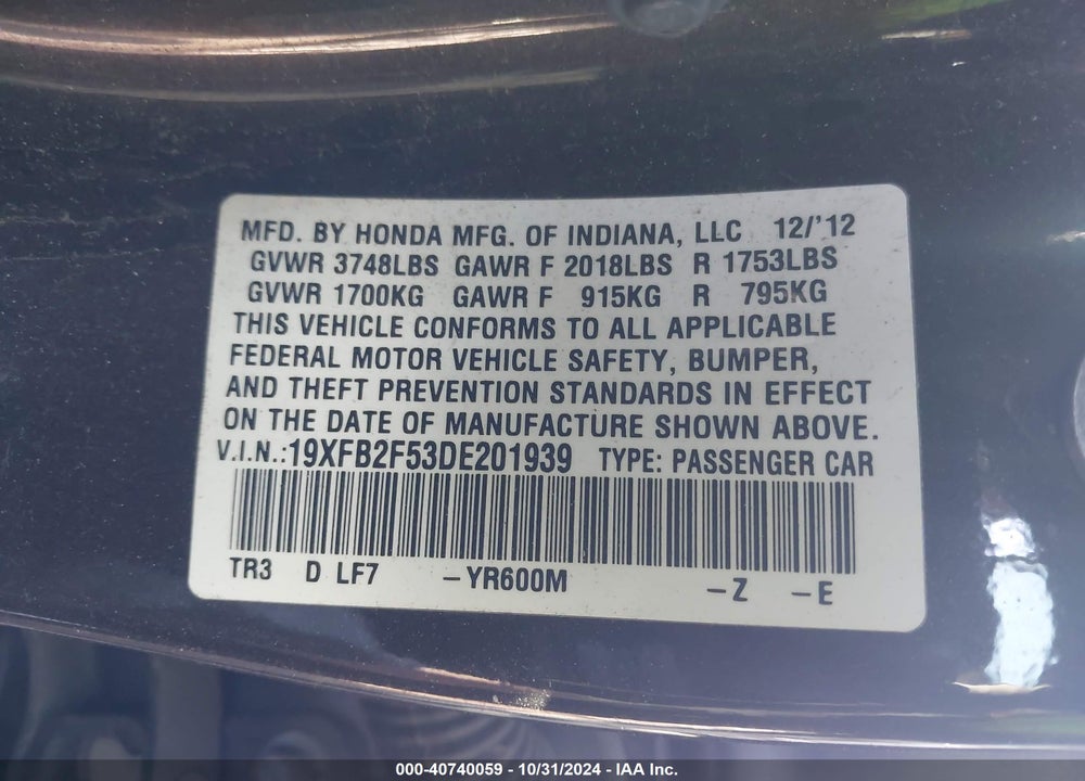 2013 HONDA CIVIC LX VIN: 19XFB2F53DE201939