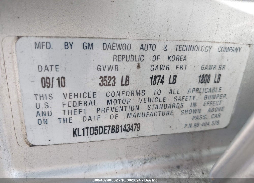2011 CHEVROLET AVEO 1LT VIN: KL1TD5DE7BB143479