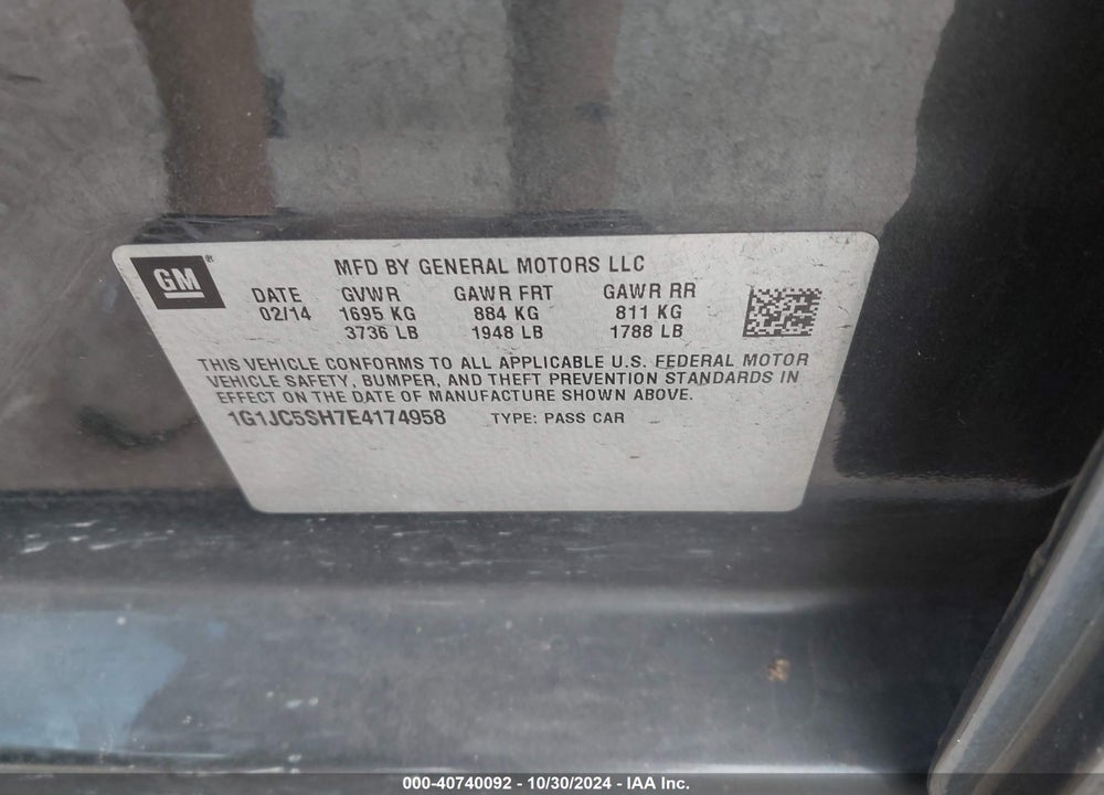 2014 CHEVROLET SONIC LT AUTO VIN: 1G1JC5SH7E4174958