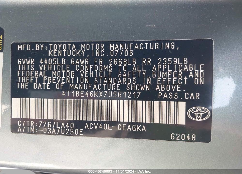 2007 TOYOTA CAMRY XLE VIN: 4T1BE46KX7U561217