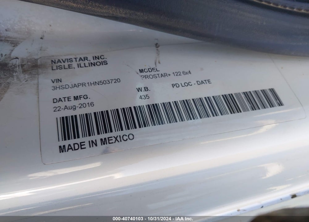2017 INTERNATIONAL PROSTAR VIN: 3HSDJAPR1HN503720
