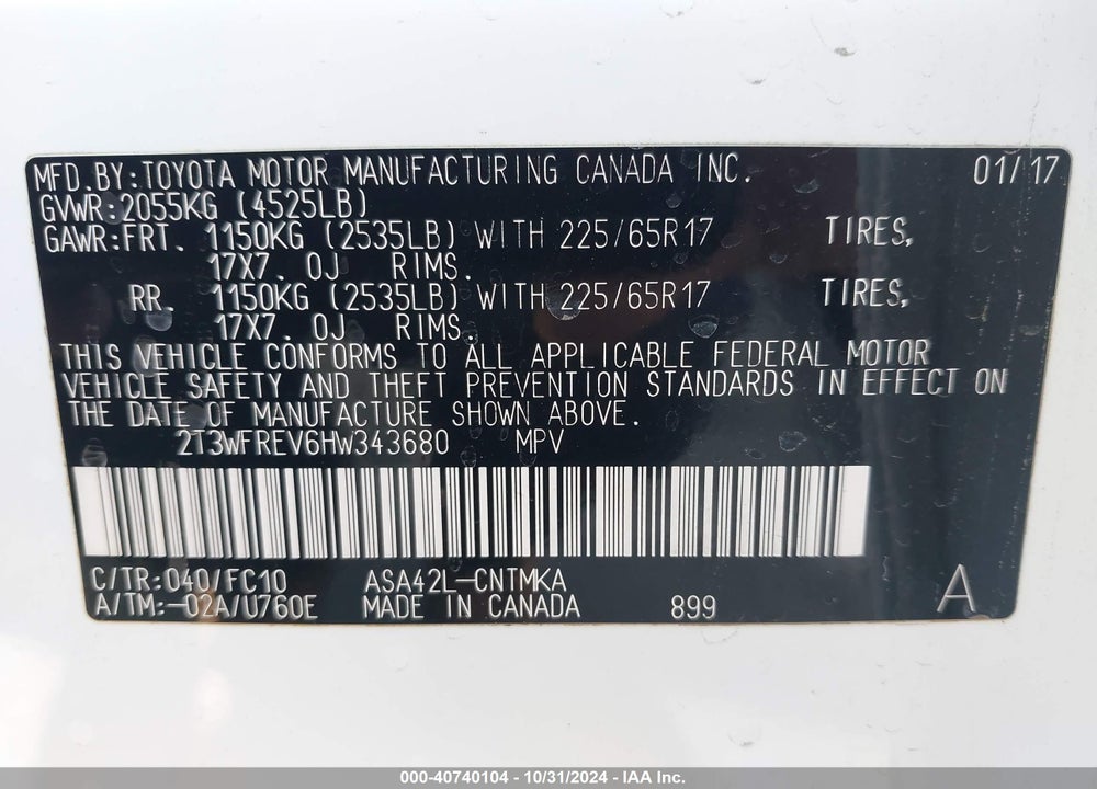 2017 TOYOTA RAV4 XLE VIN: 2T3WFREV6HW343680
