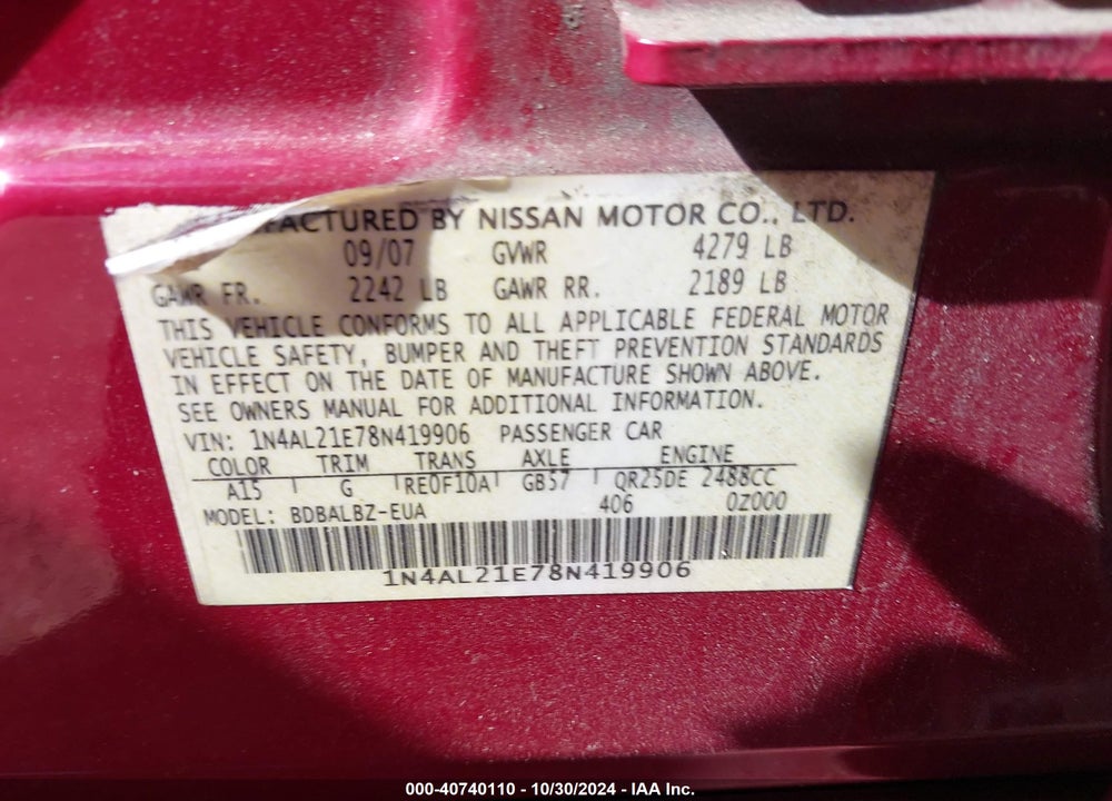 2008 NISSAN ALTIMA 2.5 S VIN: 1N4AL21E78N419906