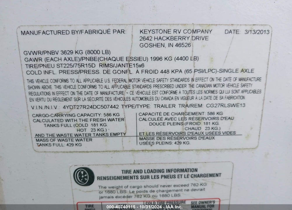 2013 KEYSTONE OTHER VIN: 4YDT27R24DC507442