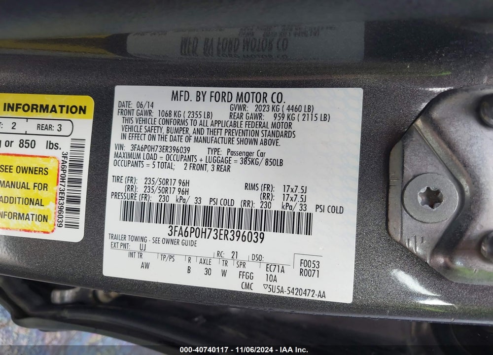 2014 FORD FUSION SE VIN: 3FA6P0H73ER396039