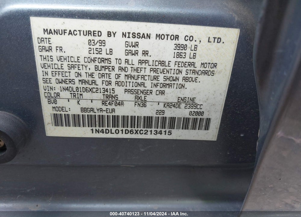 1999 NISSAN ALTIMA GLE/GXE/SE/SE-L/XE VIN: 1N4DL01D6XC213415
