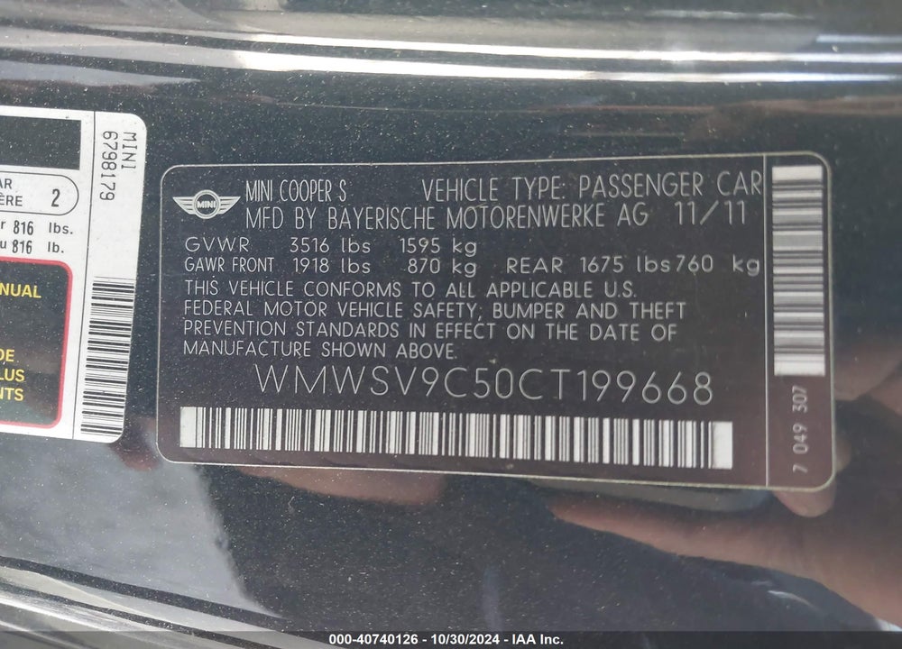 2012 MINI JOHN COOPER WORKS VIN: WMWSV9C50CT199668