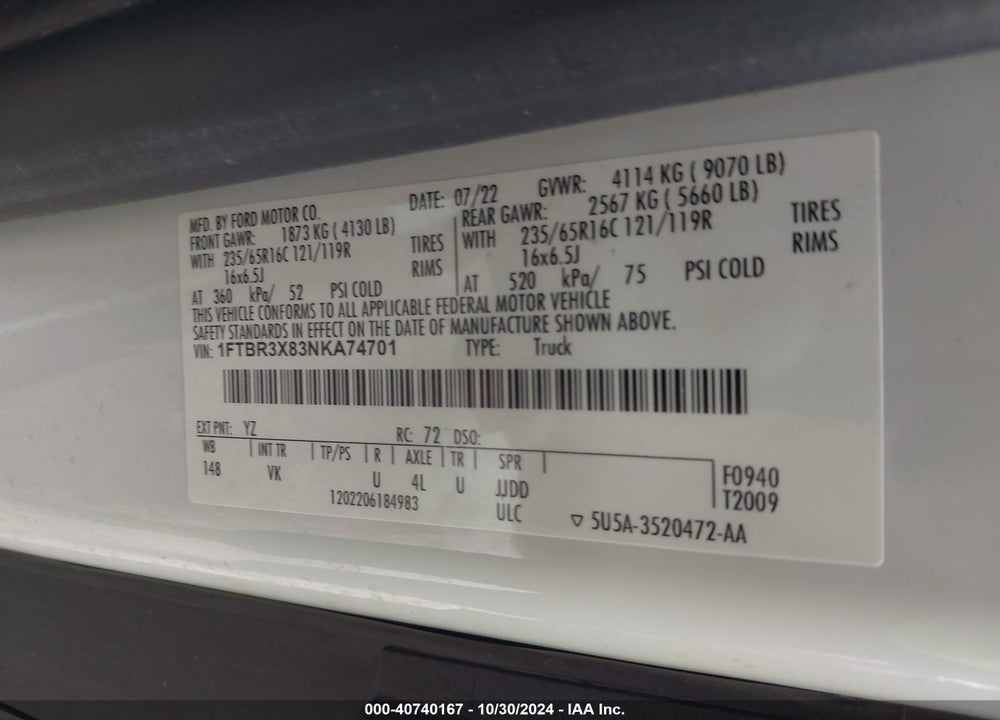 2022 CARGO FORD TRANSIT-250  VAN VIN: 1FTBR3X83NKA74701
