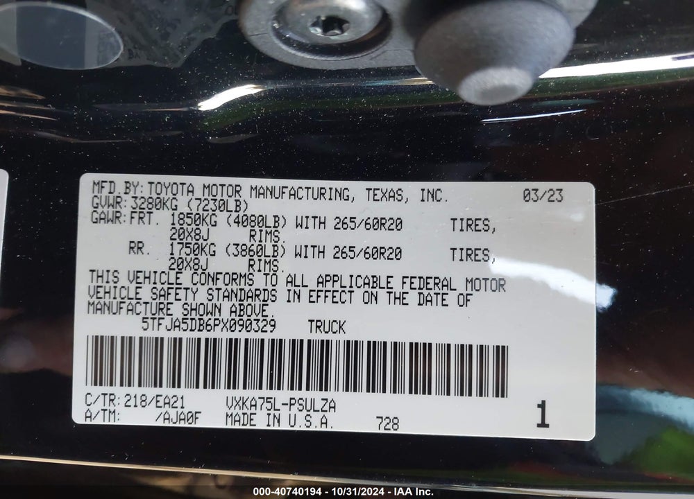 2023 TOYOTA TUNDRA LIMITED VIN: 5TFJA5DB6PX090329