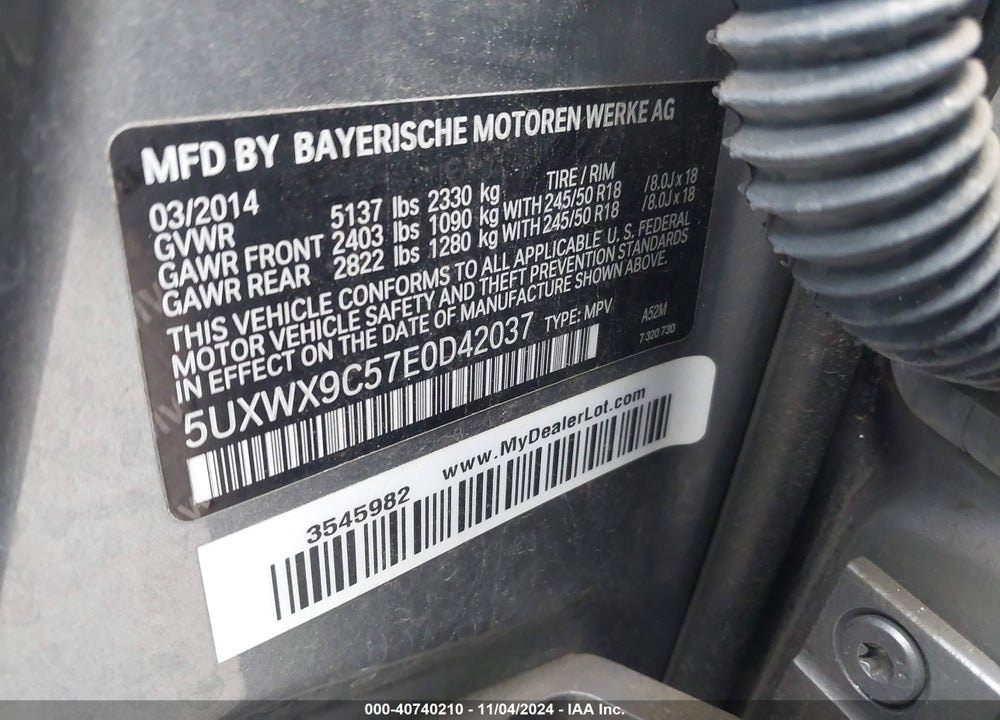 2014 BMW X3 XDRIVE28I VIN: 5UXWX9C57E0D42037