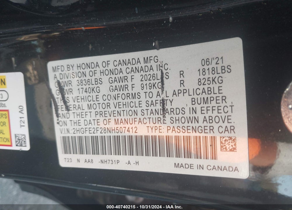 2022 HONDA CIVIC LX VIN: 2HGFE2F28NH507412