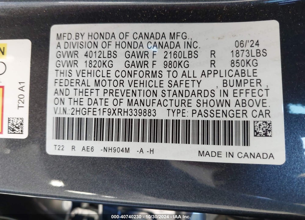 2024 HONDA CIVIC TOURING VIN: 2HGFE1F9XRH339883