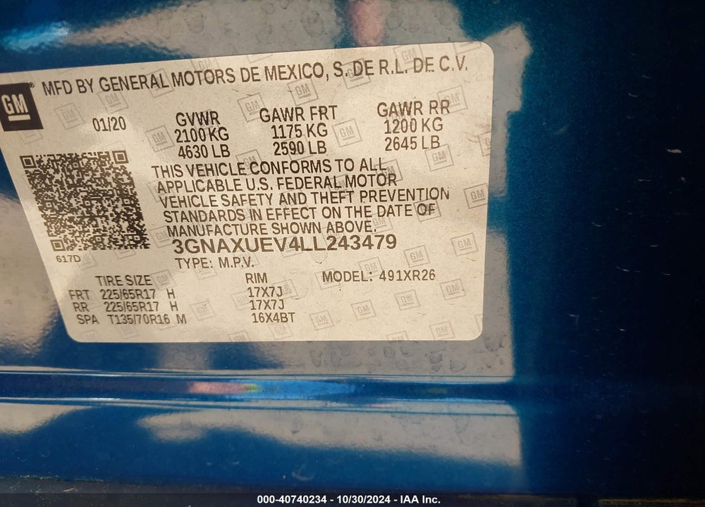 2020 CHEVROLET EQUINOX AWD LT 1.5L TURBO VIN: 3GNAXUEV4LL243479