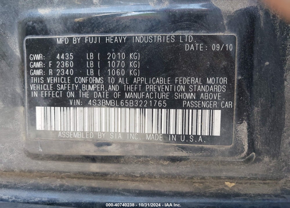 2011 SUBARU LEGACY 2.5I LIMITED VIN: 4S3BMBL65B3221765