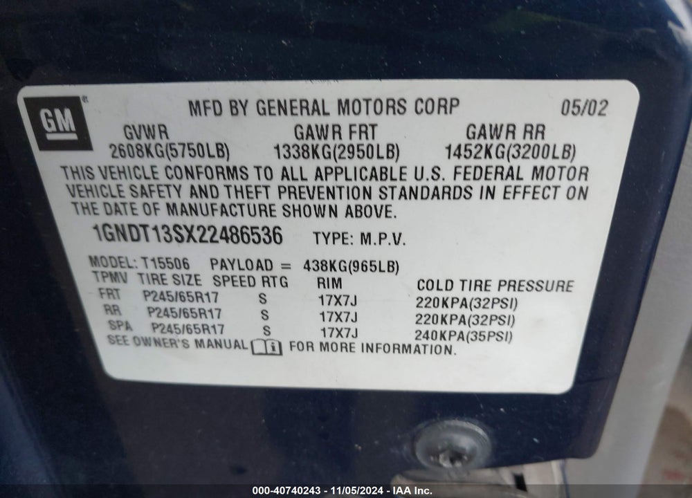 2002 CHEVROLET TRAILBLAZER LTZ VIN: 1GNDT13SX22486536