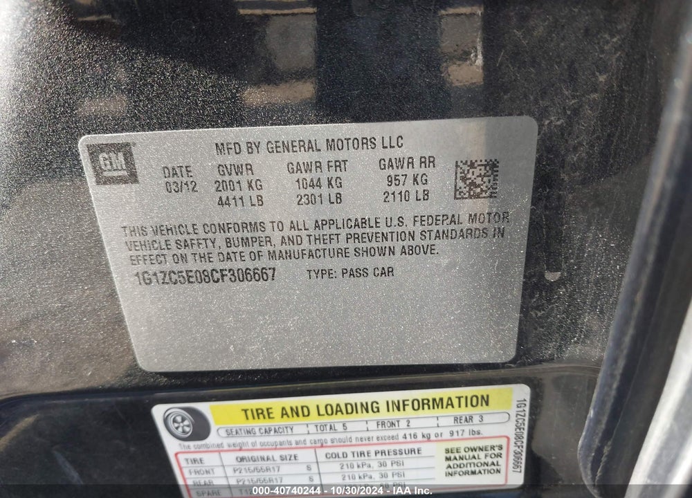 2012 CHEVROLET MALIBU 1LT VIN: 1G1ZC5E08CF306667