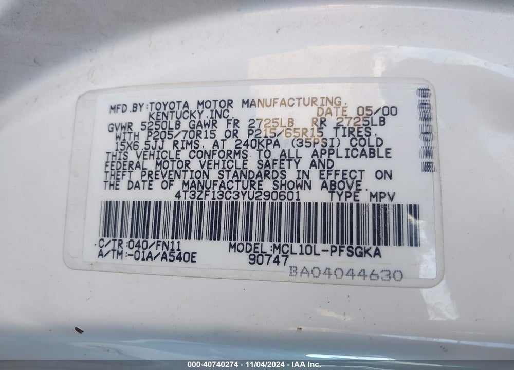 2000 TOYOTA SIENNA LE VIN: 4T3ZF13C3YU290601