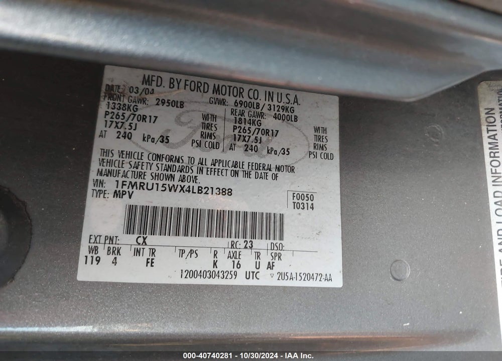 2004 FORD EXPEDITION XLT VIN: 1FMRU15WX4LB21388