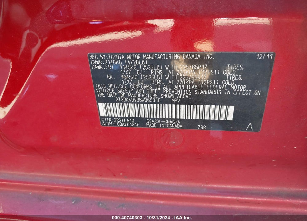 2011 TOYOTA RAV4 LIMITED VIN: 2T3DK4DV9BW065310