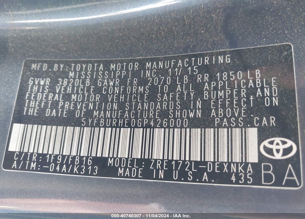 2016 TOYOTA COROLLA LE PLUS VIN: 5YFBURHE0GP426000