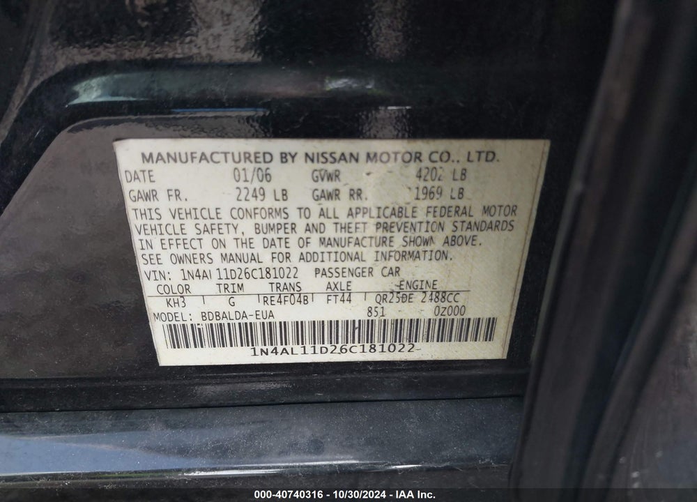 2006 NISSAN ALTIMA 2.5 S VIN: 1N4AL11D26C181022