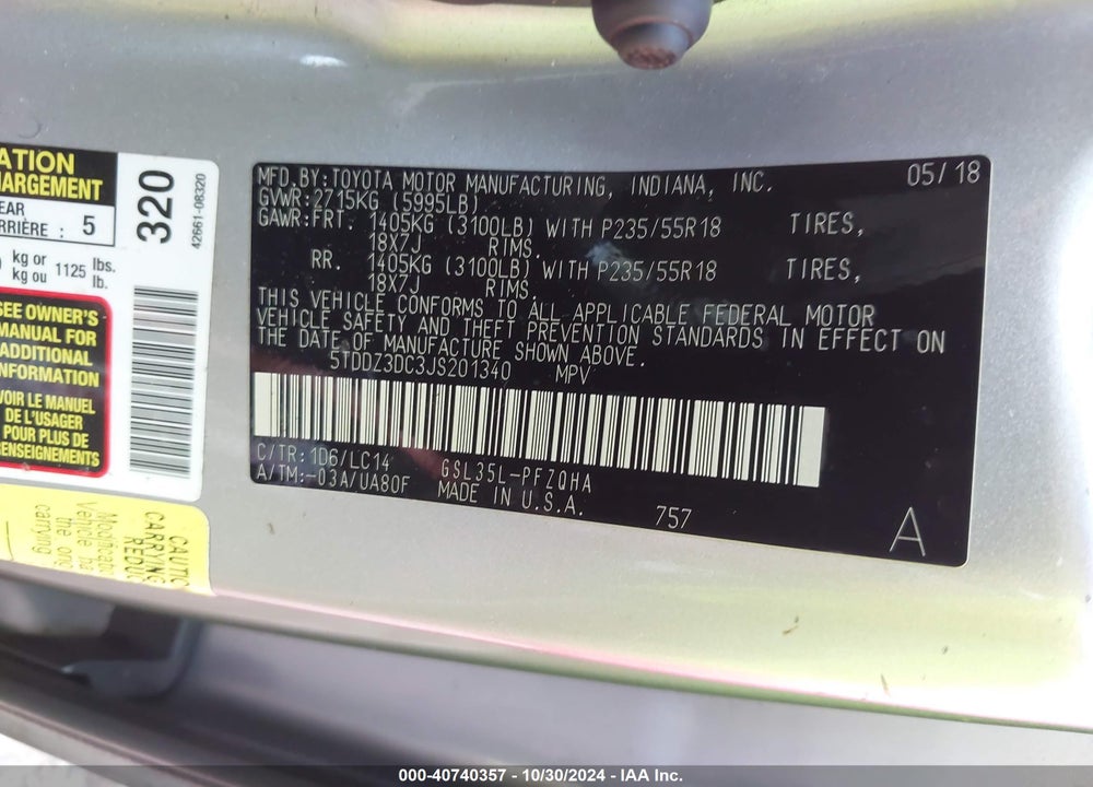 2018 TOYOTA SIENNA XLE/XLE PREMIUM/LIMITED/LIMITED PREMIUM VIN: 5TDDZ3DC3JS201340