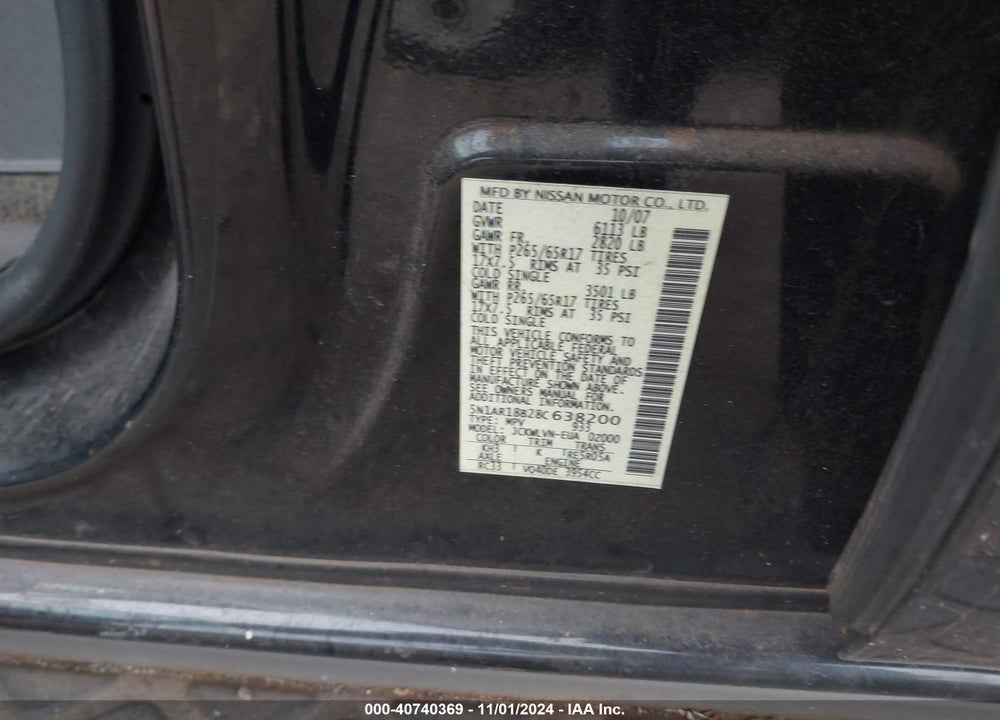 2008 NISSAN PATHFINDER LE VIN: 5N1AR18B28C638200