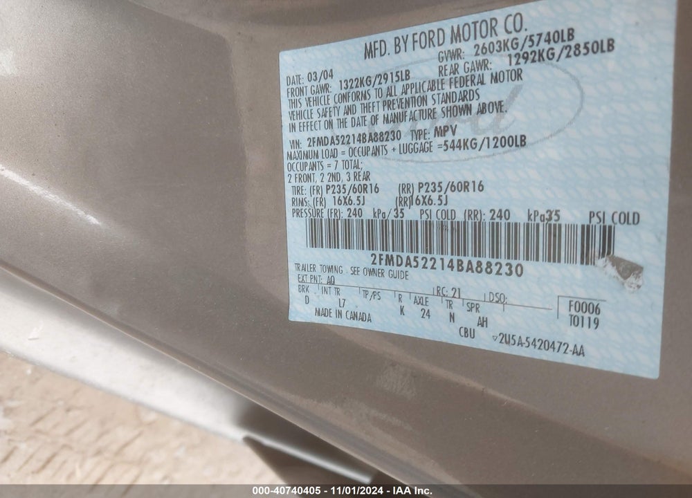 2004 FORD FREESTAR SEL VIN: 2FMDA52214BA88230
