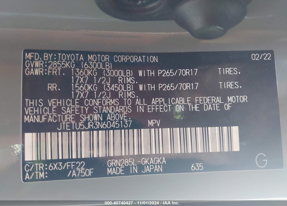 2022 TOYOTA 4RUNNER TRAIL SPECIAL EDITION VIN: JTETU5JR3N6045137