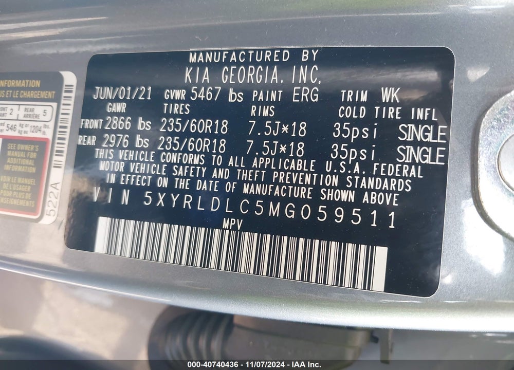 2021 KIA SORENTO S VIN: 5XYRLDLC5MG059511