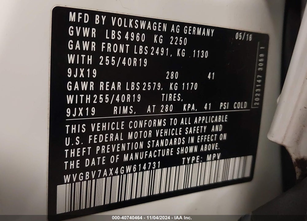 2016 VOLKSWAGEN TIGUAN SEL VIN: WVGBV7AX4GW614731