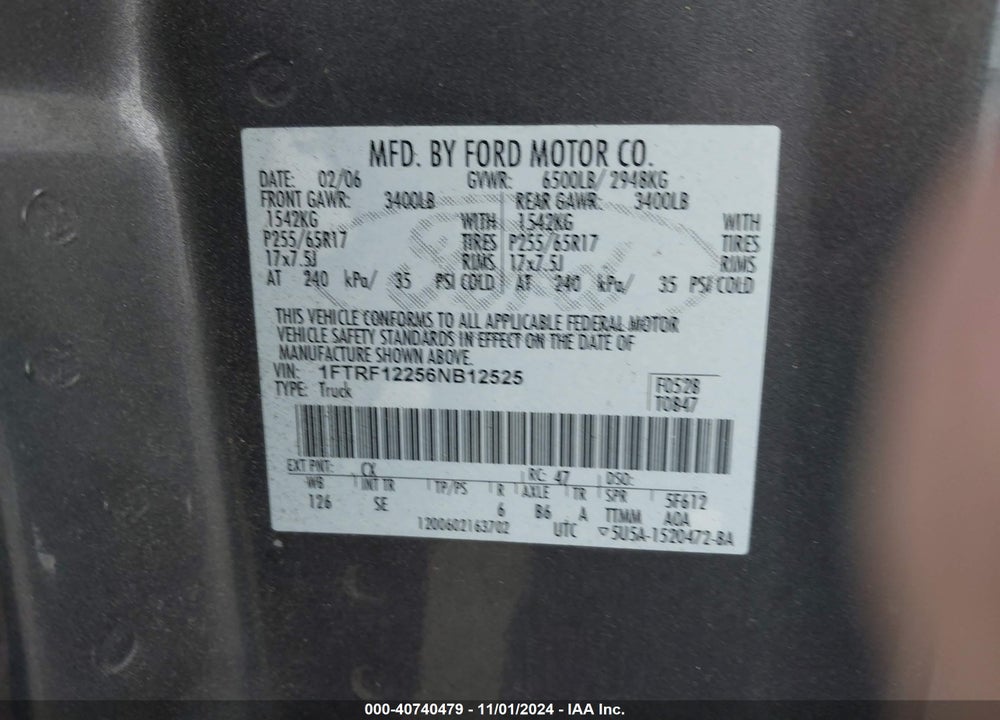 2006 FORD F150 VIN: 1FTRF12256NB12525