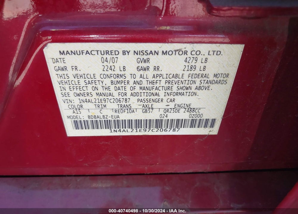 2007 NISSAN ALTIMA 2.5 S VIN: 1N4AL21E97C206787