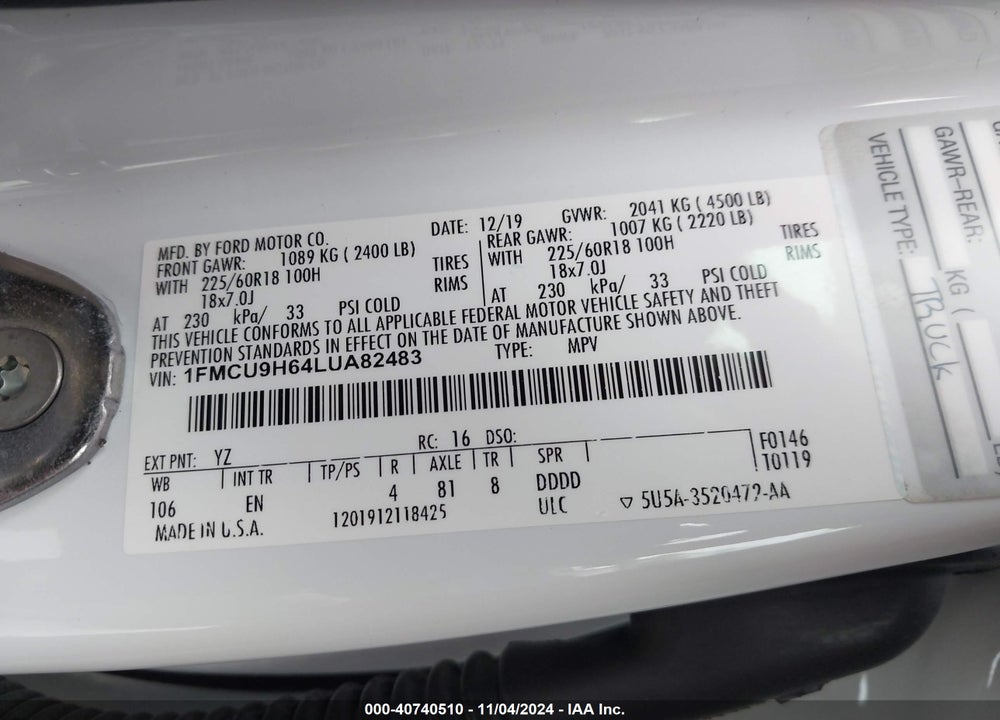 2020 FORD ESCAPE SEL VIN: 1FMCU9H64LUA82483