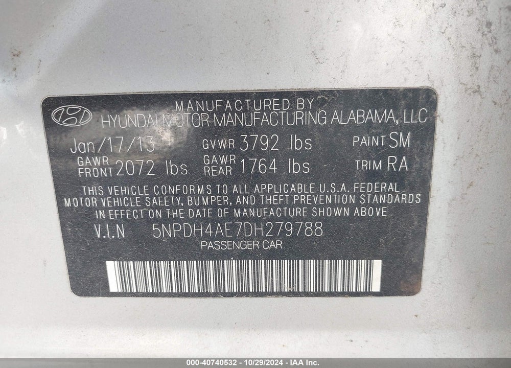 2013 HYUNDAI ELANTRA LIMITED VIN: 5NPDH4AE7DH279788