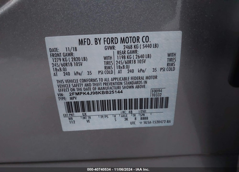 2019 FORD EDGE SEL VIN: 2FMPK4J98KBB25144