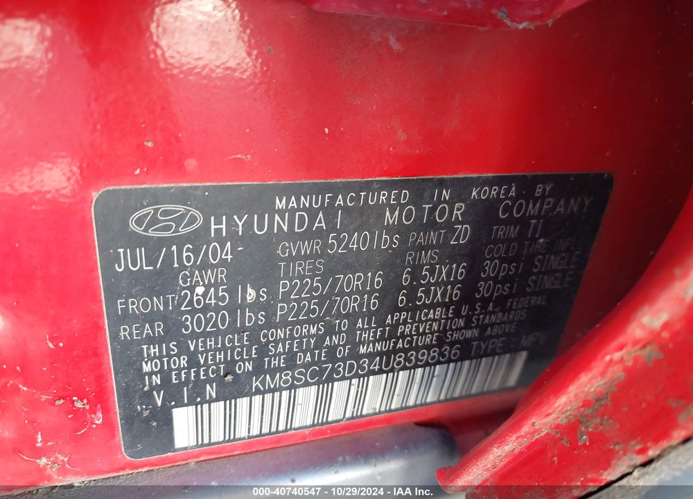 2004 HYUNDAI SANTA FE GLS VIN: KM8SC73D34U839836